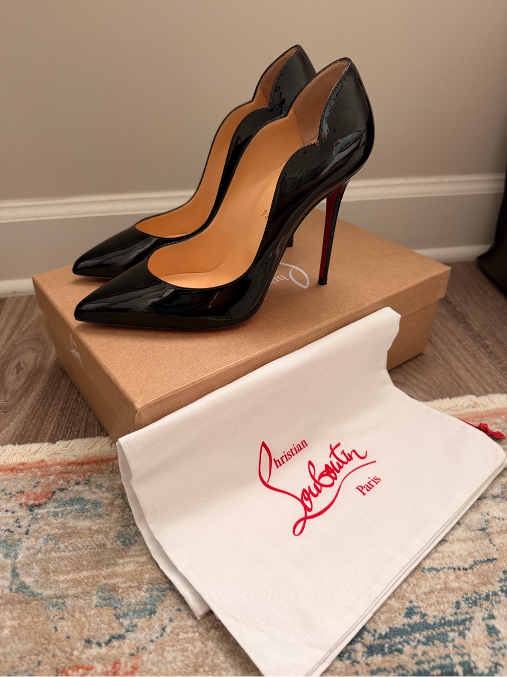 Christian Louboutin Black Patent Leather Scalloped Edge Stilettos